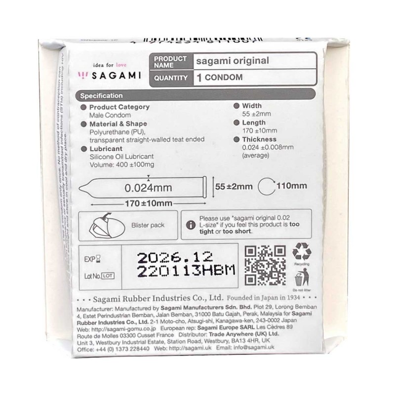 White Sagami Original 0.02 condom foil pack with red logo and 1 piece marking