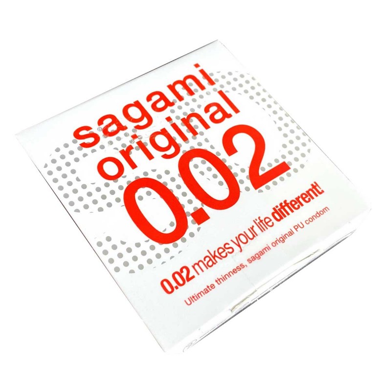white Sagami Original 0.02 polyurethane condom foil pack with red logo and 1 piece marking