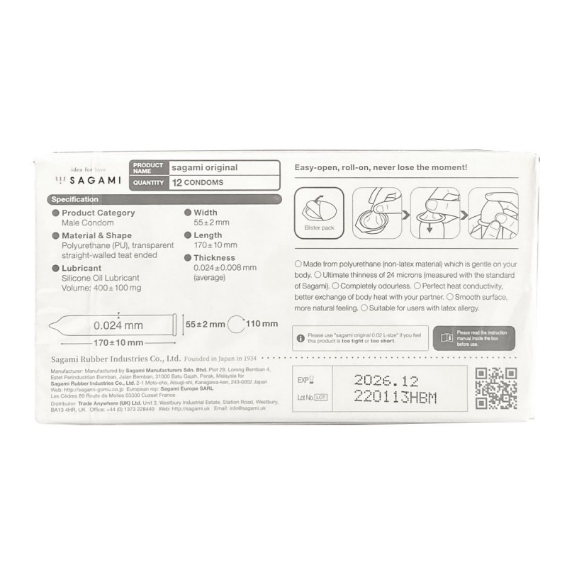 Polyurethane condoms Sagami Original 0.02 12 pcs (Best before 12.2026)