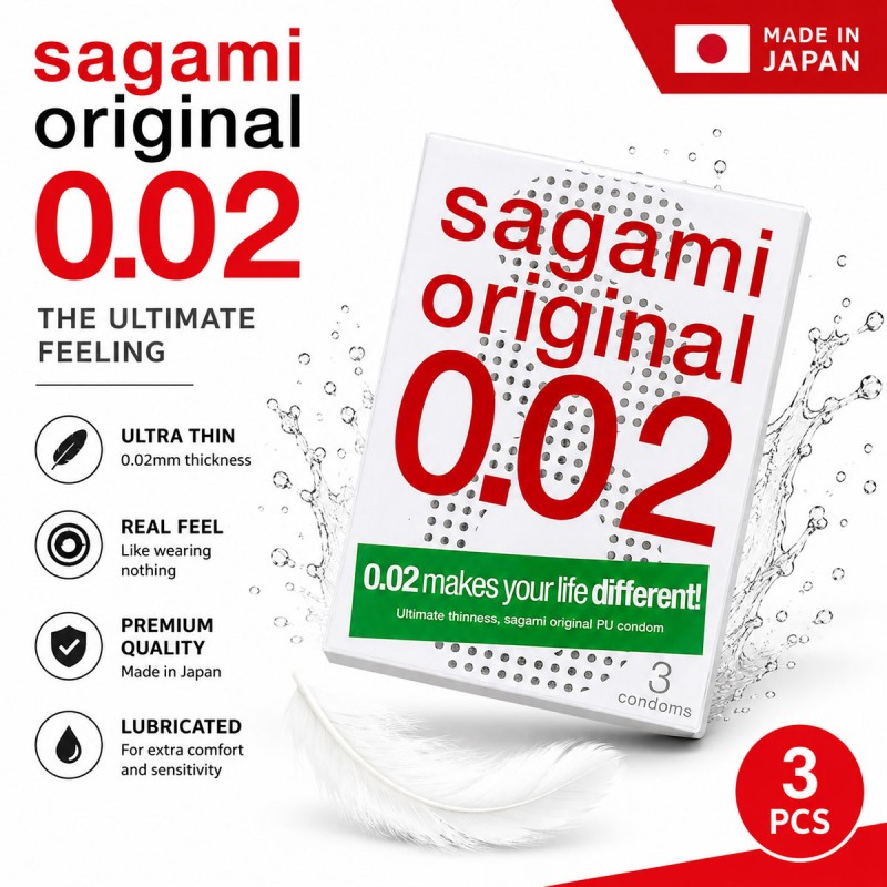 Białe opakowanie Sagami Original 0.02, czerwone logo, napis 3 sztuki, foliowa tekstura