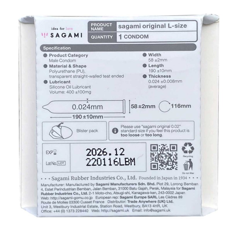 Polyurethane condoms Sagami Original 0.02 L-Size 1 pcs 