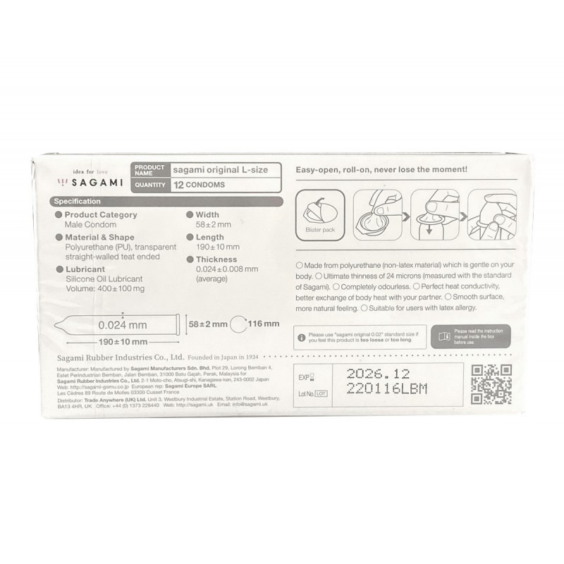 Polyurethan-Kondome Sagami Original 0.02 L-Size 12 Stk. (MHD 12.2026)