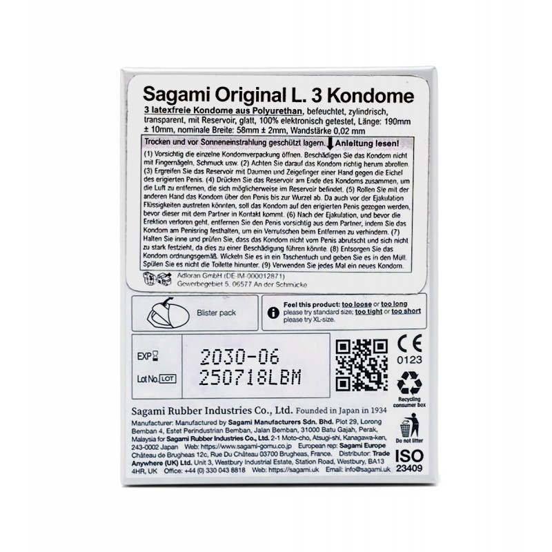 Prezerwatywy poliuretanowe Sagami Original 0.02 L-Size (duże) 3 szt.