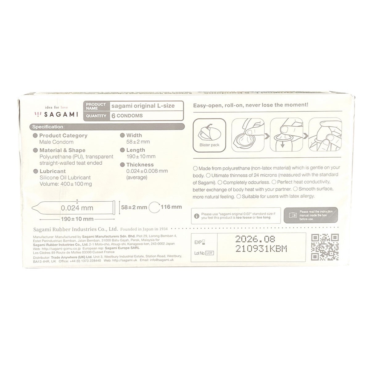 Полиуретановые презервативы Sagami Original 0.02 L-Size 6шт (Срок годности до 08.2026)