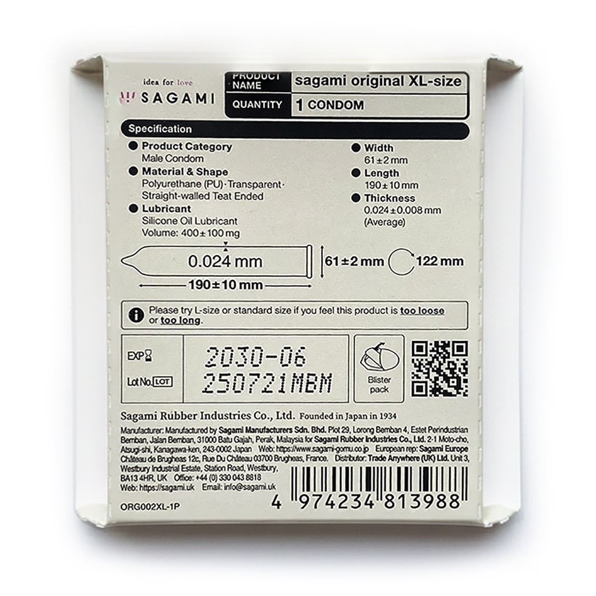 Prezerwatywy poliuretanowe Sagami Original 0.02 XL-Size (powiększone) 1 szt.