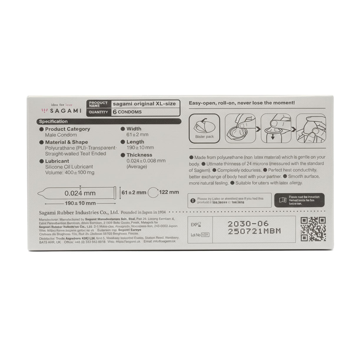 Sagami Original 0.02 Polyurethan-Kondome XL-Größe, latexfrei, 6 Stk.