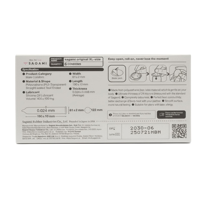 Polyurethan-Kondome Sagami Original 0.02 XL-Size (vergrößert) 6 Stk.