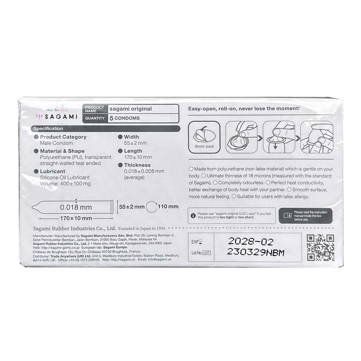 Sagami Original 0,01 – prezerwatywy poliuretanowe, 5 szt.