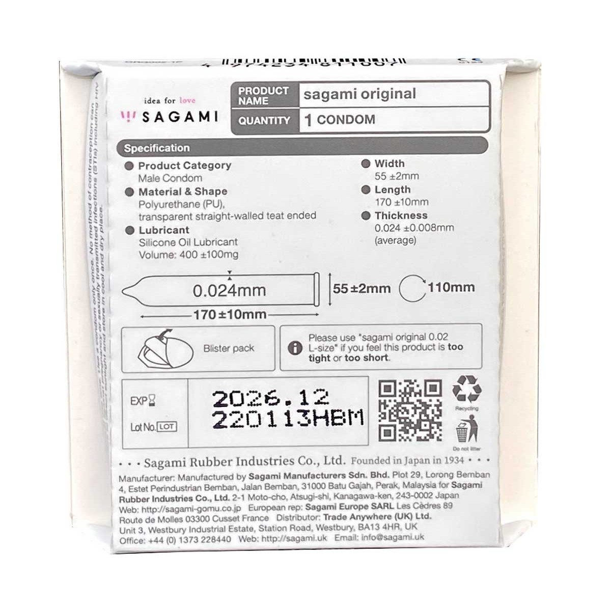 Sagami Original 0.02 – prezerwatywy poliuretanowe, 1 szt.