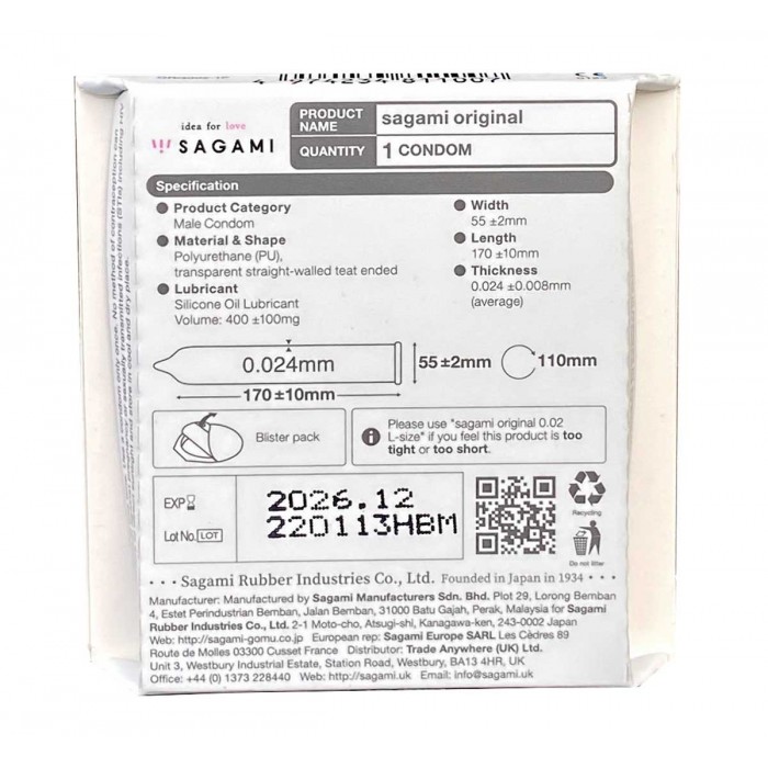 Polyurethane condoms SAGAMI Original 0.02 (1pcs) - buy online with delivery in Poland⭐️prezerwatywy4u.pl