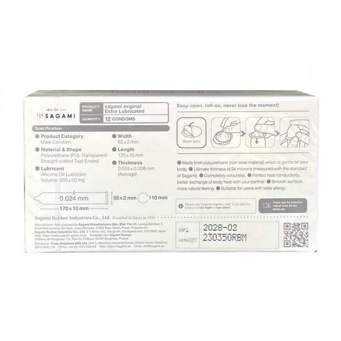 Polyurethane condoms SAGAMI Original 0.02 ExtraLub (12 pcs) - buy online with delivery in Poland⭐️prezerwatywy4u.pl