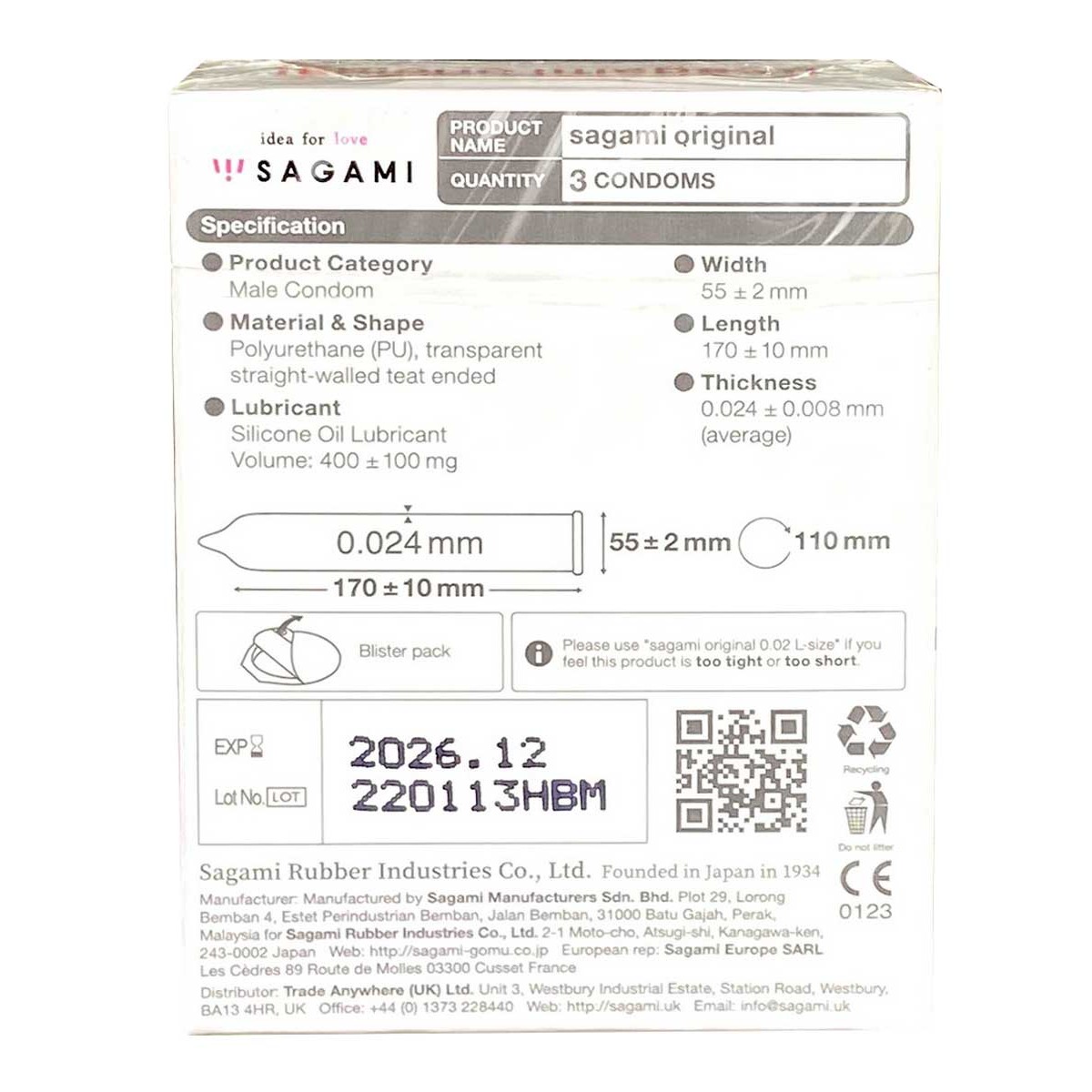 Sagami Original 0.02 – prezerwatywy poliuretanowe, 3 szt