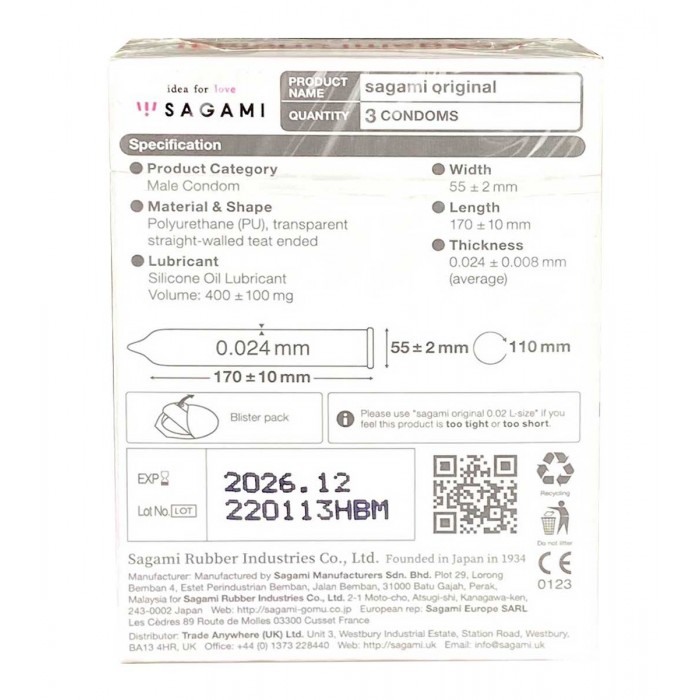 Polyurethane condoms SAGAMI Original 0.02 (3pcs) - buy online with delivery in Poland⭐️prezerwatywy4u.pl