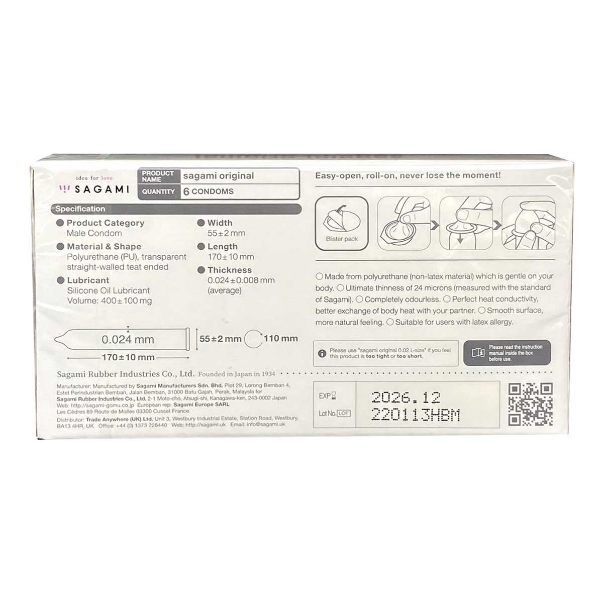 Sagami Original 0.02 Polyurethan-Kondome, latexfrei, 6 Stk.