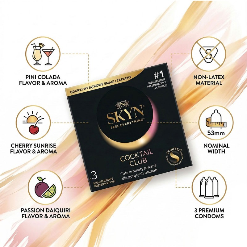 Black and gold SKYN Cocktail Club condom box with three pieces and colorful cocktail glass graphics