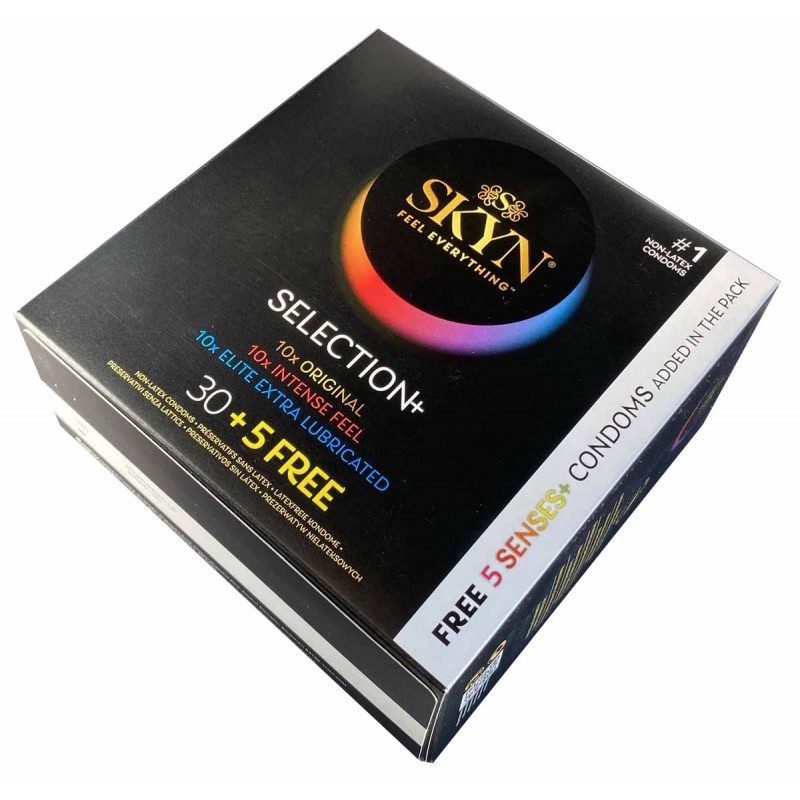 Czarne kartonowe opakowanie SKYN Selection 35 sztuk z kolorowymi akcentami i logiem marki