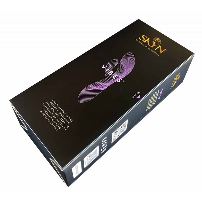 black and gold SKYN Vibes vibrator packaging with product image and SKYN logo