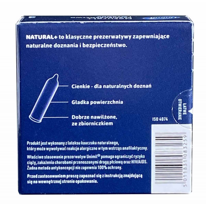 Białe opakowanie UNIMIL Natural, niebieskie akcenty, 3 sztuki, karton, logo marki