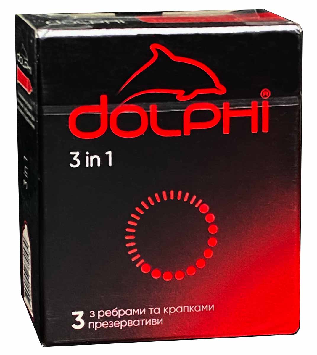 blue and silver Dolphi 3-in-1 condoms box with 3 pieces, icons for warming, delay, and extra lubrication