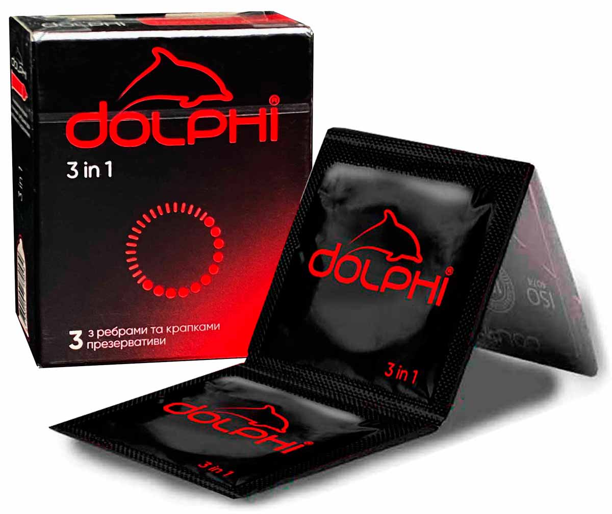 Dolphi 3-in-1 condoms 3pcs blue cardboard pack with icons for warming, delay, and extra lube