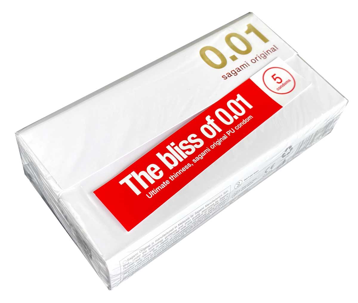 Белая упаковка Sagami Original 0.01, надпись 5 штук, красные и черные элементы