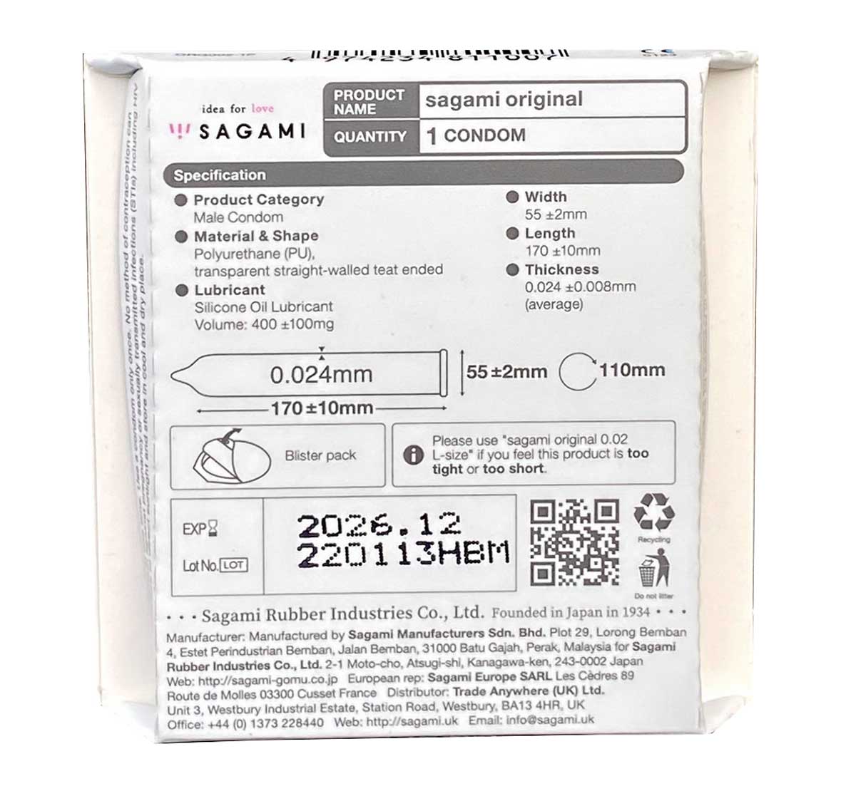 Weiße Kartonverpackung mit rotem Sagami Original Logo, Polyurethan, 0.02, 1 Stück