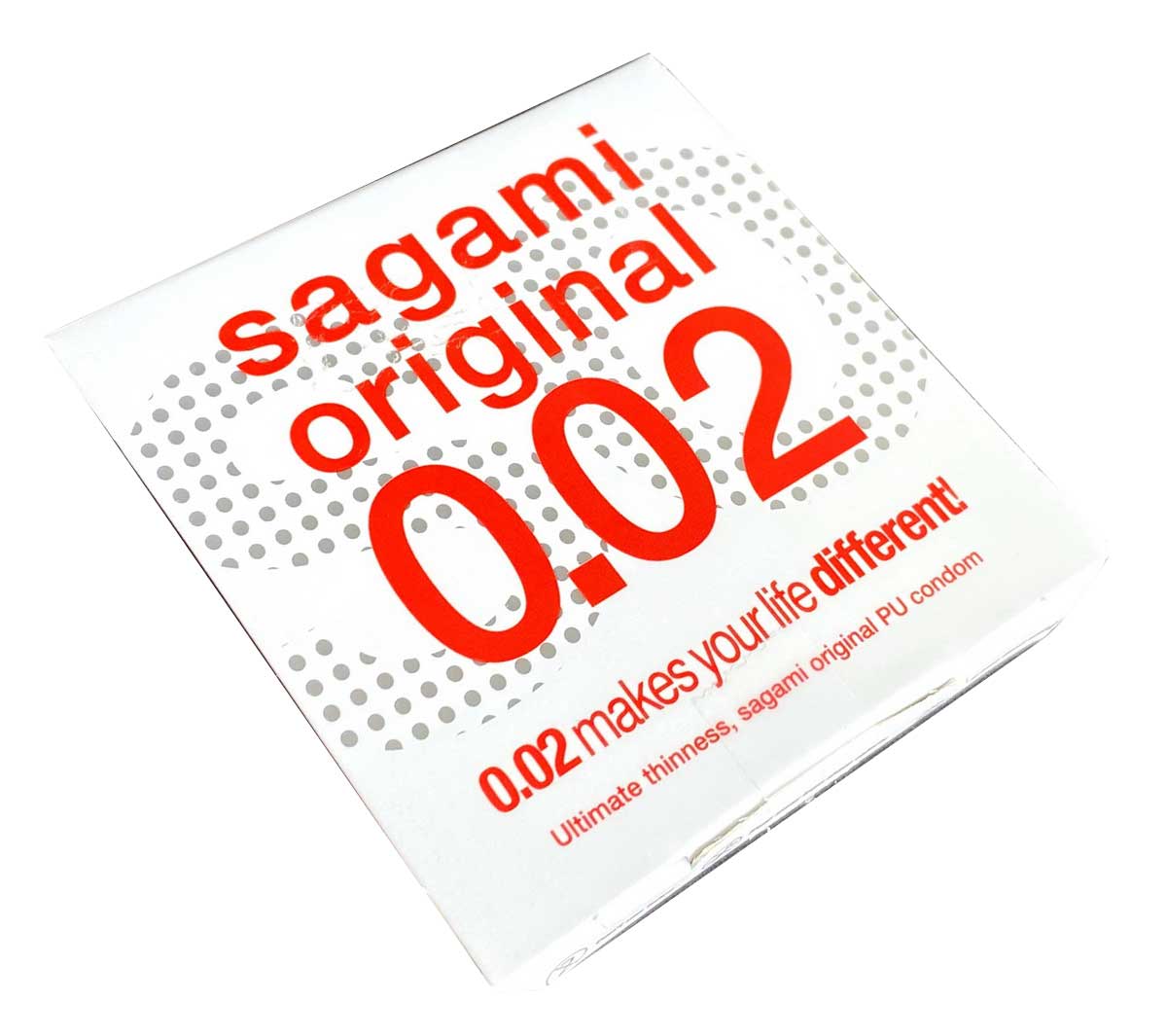 Weiße Sagami Original 0.02 Polyurethan Kondome Verpackung mit rotem Logo und 1 Stück Angabe