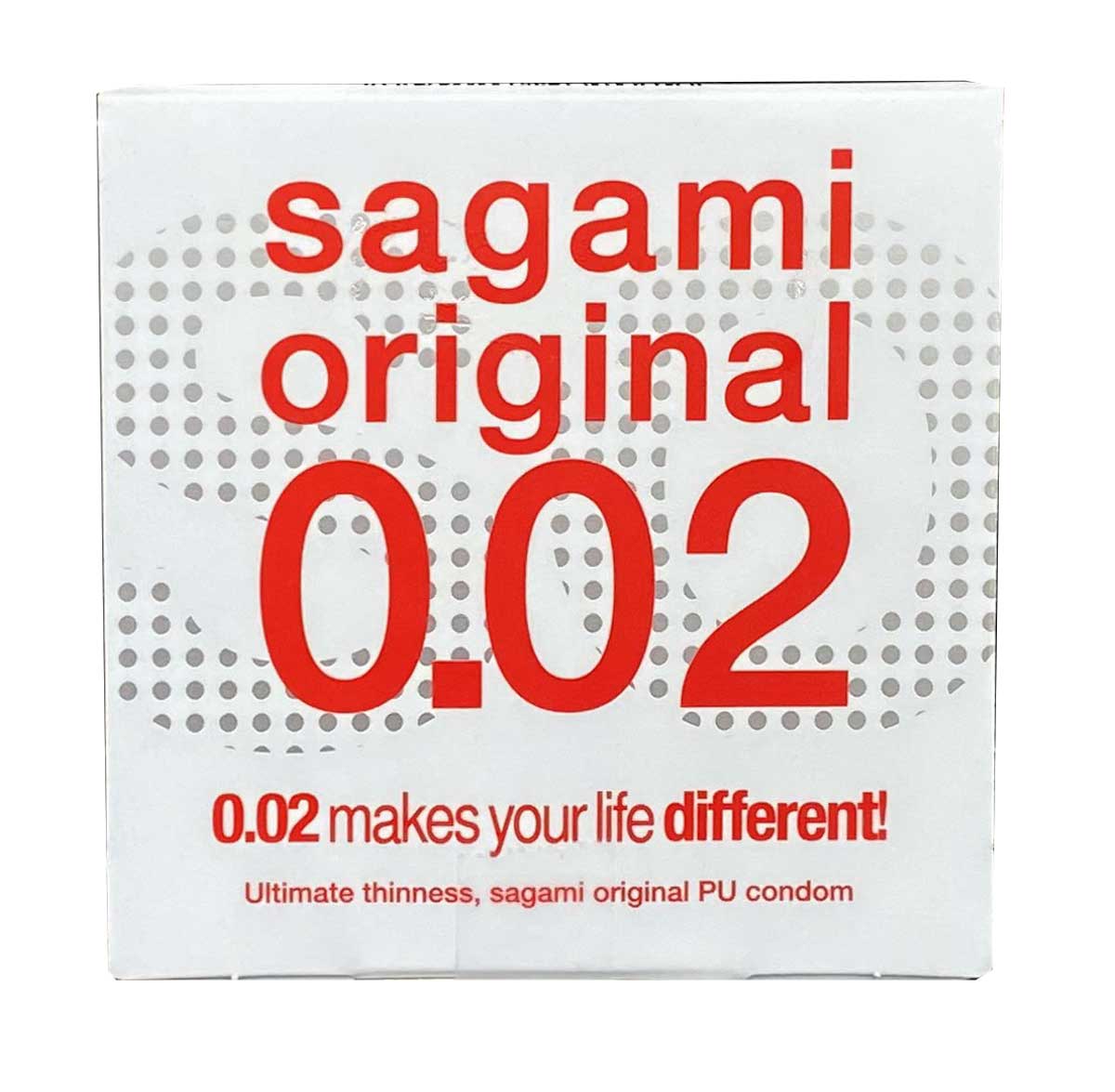 Weiße Sagami Original 0.02 Verpackung aus Folie mit rotem Logo und Angabe 1 Stück, 0.02 mm