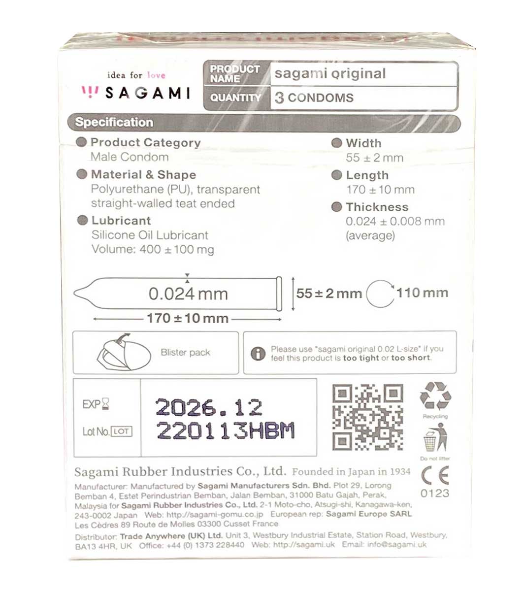white Sagami Original 0.02 polyurethane condoms box with red logo and 3 pieces info