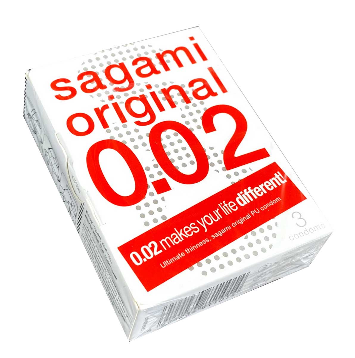 White Sagami Original 0.02 box with red logo, blue text, quantity 3, polyurethane condoms