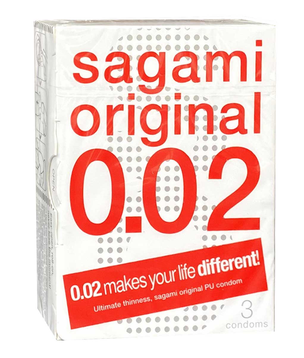 White Sagami Original 0.02 polyurethane condoms pack with red text and 3 pieces indicated