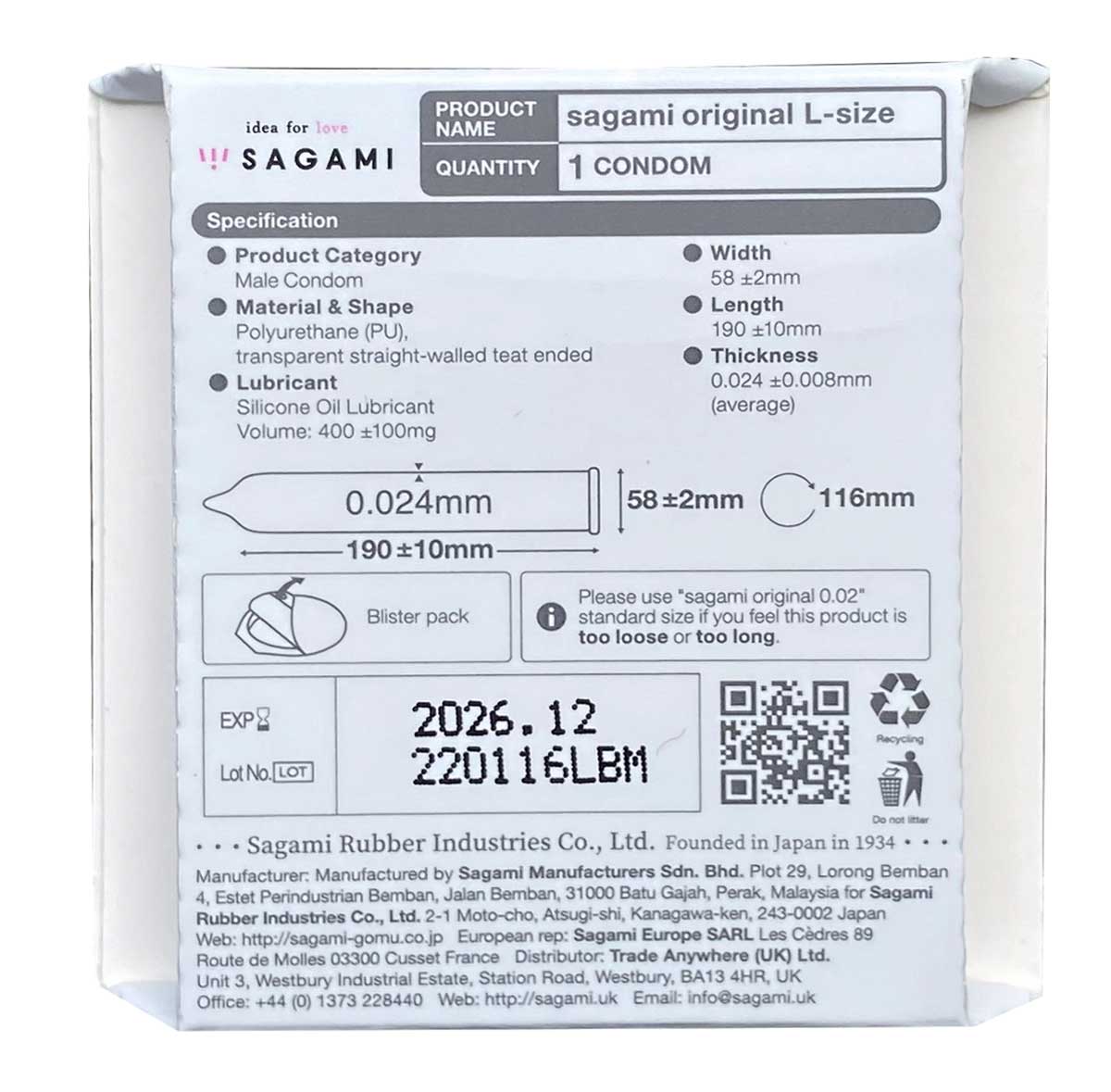 White and silver Sagami Original 0.02 L-Size polyurethane condom foil pack, red and black text