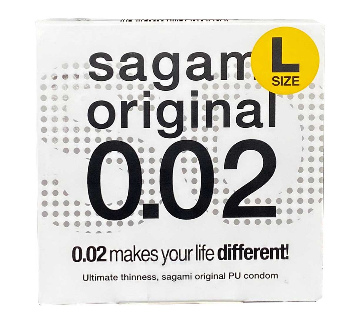 White Sagami Original 0.02 L-Size polyurethane condom pack with red logo and Japanese text